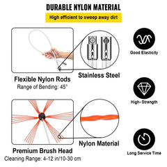 Flexible nylon rods and premium brush heads for chimney cleaning with stainless steel connectors.