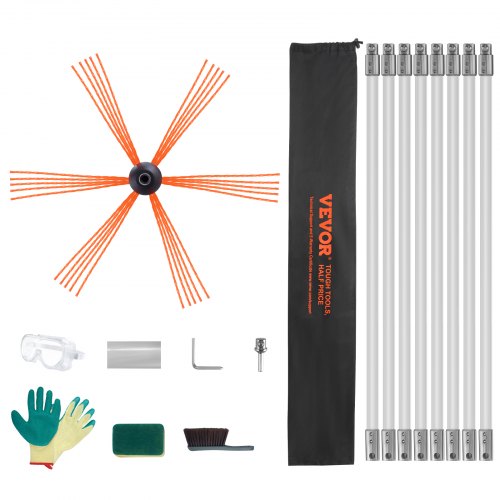 Bostome 26ft chimney sweep kit with nylon rods, orange brush, gloves, and storage bag.