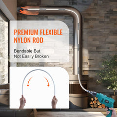 A 26ft chimney sweep kit with flexible nylon rods that bend easily and connect to a drill and brush.