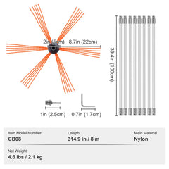 26ft chimney sweep kit with nylon rods, 8-inch brush, and assembly diagram.