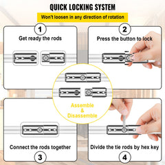 Diagram of quick locking system for chimney sweep kit rods: assemble by connecting, lock with button, disassemble with hex key.