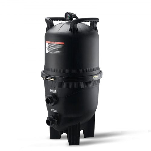 Black Bostome 525 cartridge pool filter with pressure gauge and inlet/outlet ports.