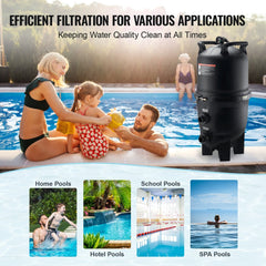 Black cartridge pool filter system for inground pools, shown next to a family swimming.