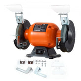 Bostome 6-inch bench grinder with dual grit wheels and adjustable tool rests for precise sharpening.