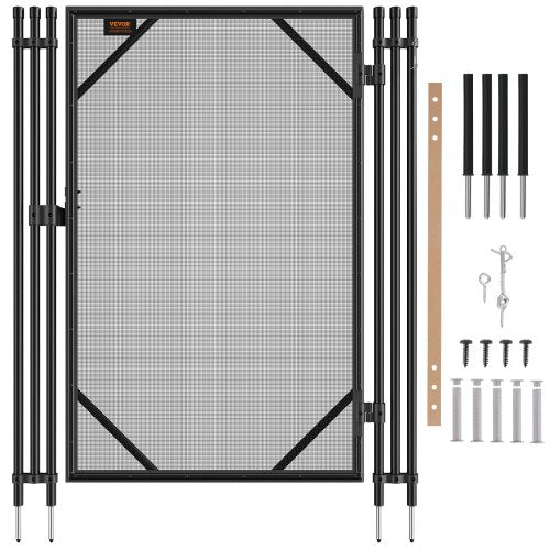 Black removable aluminum pool fence gate with mesh panel and hardware accessories.