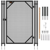 Black removable aluminum pool fence gate with mesh panel and hardware accessories.