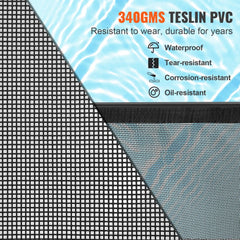 Close-up of 340gsm Teslin PVC mesh for pool fence, highlighting waterproof, tear-resistant, corrosion-resistant, and oil-resistant features.