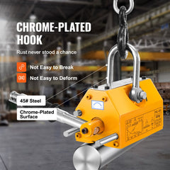 Orange neodymium magnetic lifter with chrome-plated hook, 1320 lbs capacity, and U-groove base.