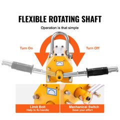 Yellow neodymium magnetic lifter with 1320 lbs capacity, rotating shaft, safety switch, and U-groove base.