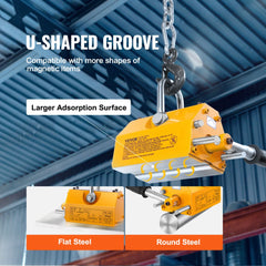 Yellow U-shaped neodymium magnetic lifter with 1320 lbs capacity, hook, and handle for lifting flat and round steel.