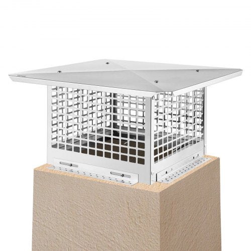 Bostome 13"x13" stainless steel chimney cap with mesh spark arrestor and adjustable base.