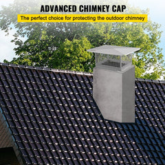 Square stainless steel chimney cap with mesh spark arrestor on a rooftop.