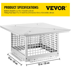 Stainless steel 13x13 inch chimney cap with mesh spark arrestor and adjustable base.