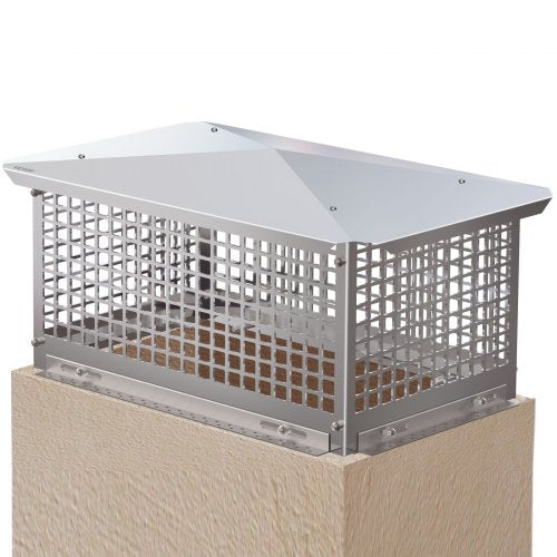 Stainless steel chimney cap with adjustable design and mesh ventilation for spark protection.