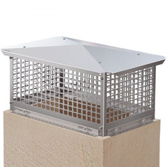 Stainless steel chimney cap with adjustable design and mesh ventilation for spark protection.