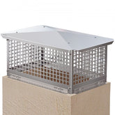 Silver adjustable stainless steel chimney cap with mesh sides on a beige base.