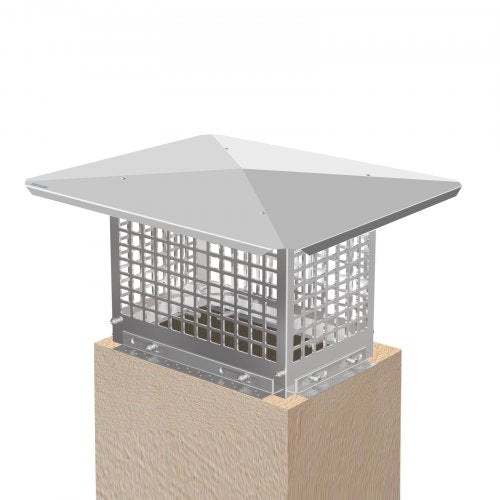 Silver 8x13-inch adjustable stainless steel chimney cap with mesh screen on wooden base.