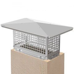 Stainless steel chimney cap with mesh spark arrestor and adjustable base for outdoor chimneys.