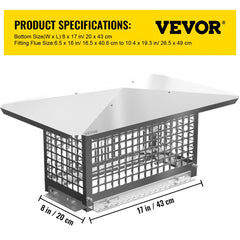 Stainless steel chimney cap with mesh spark arrestor and adjustable 8x17 inch base dimensions.