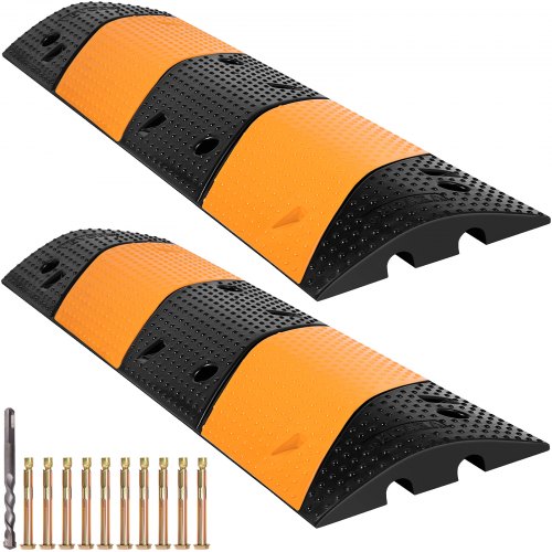 Two black and yellow rubber speed bumps, each 40.2 inches long with two channels and mounting hardware.