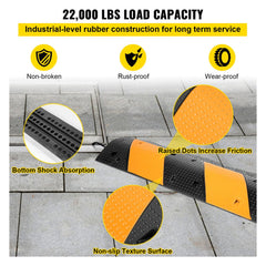 Two black and yellow rubber speed bumps with channels, 40.2 inches long, for 22,000 lbs load.