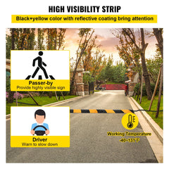 Black and yellow rubber speed bump with reflective strips, pedestrian and driver warnings, and -40 to 131°F temperature rating.