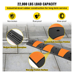 Black and yellow rubber speed bump with 2 channels, 72.8 inches long, and 22,000 lbs capacity.