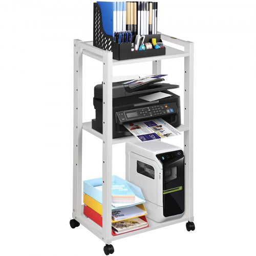 White 3-tier metal rolling printer stand with adjustable shelves holding printer, scanner, and office supplies.