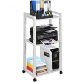 White 3-tier metal rolling printer stand with adjustable shelves holding printer, scanner, and office supplies.
