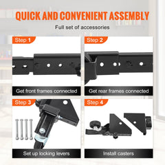 Assembly instructions for a black heavy-duty universal mobile base with four steps.