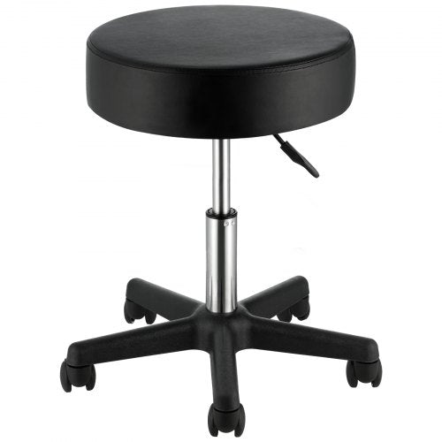 Black rolling stool with wheels, adjustable height, thick cushion, and sturdy base.