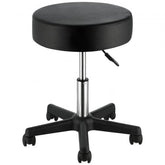 Black rolling stool with wheels, adjustable height, thick cushion, and sturdy base.