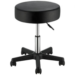 Black rolling stool with wheels, adjustable height, thick cushion, and sturdy base.