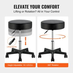 Black rolling stool with wheels, adjustable height, thick cushion, and sturdy base.