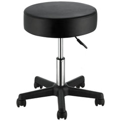 Black rolling stool with wheels, adjustable height, and thick cushioned seat for comfort.
