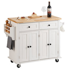 White kitchen island cart with solid wood top, drawers, cabinets, and lockable casters.
