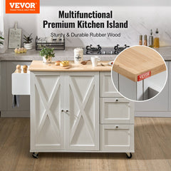 White kitchen island cart with solid wood top, drawers, cabinets, and lockable wheels.