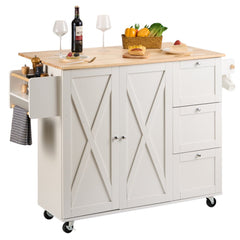 White kitchen island cart with solid wood top, drawers, cabinets, and lockable wheels.