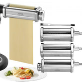 Stainless steel pasta maker attachment for KitchenAid with adjustable thickness and dual cutters.