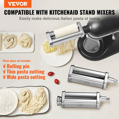 Stainless steel pasta maker attachment for KitchenAid with adjustable thickness and dual cutters.