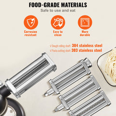 Stainless steel pasta maker attachment for KitchenAid with adjustable thickness and dual cutters.