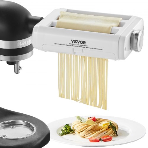 Stainless steel Bostome 3-in-1 pasta maker attachment for KitchenAid with adjustable thickness settings.