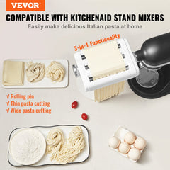 Stainless steel 3-in-1 pasta maker attachment for KitchenAid with adjustable thickness settings.