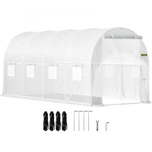 Bostome 15x7x7 ft walk-in tunnel greenhouse with galvanized steel frame and mesh windows.