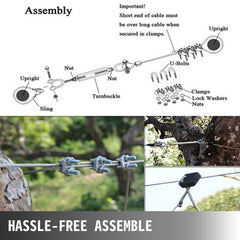 Bostome 100ft zipline kit with a stainless steel trolley and adjustable seat for outdoor fun.
