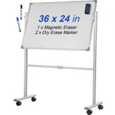 A 36x24 inch double-sided mobile magnetic whiteboard on wheels with markers and eraser.