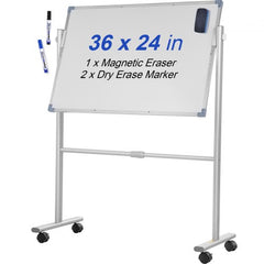 A 36x24 inch double-sided mobile magnetic whiteboard on wheels with markers and eraser.