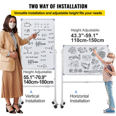 Double-sided mobile magnetic whiteboard with vertical and horizontal installation options, height adjustable from 43.3 to 70.9 inches.