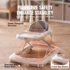 Foldable baby walker with 3-level adjustable height, triangular structure, spacious base, and anti-slip blocks.