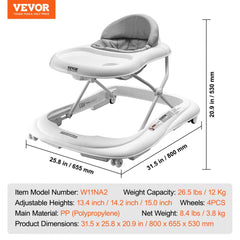 White Bostome foldable baby walker with 3-level adjustable height, PP frame, and 4 wheels.